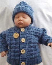 Hand knitted  Aran  Cardigan and Hat set  0-3 baby  months in colour  Denim