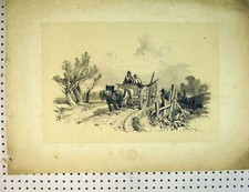 Original Old Antique Print Drawing C1810 Country Scene Shire Horse Cart 19th