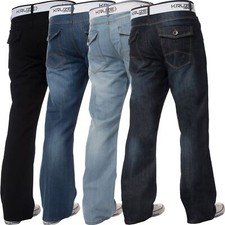 Kruze Bootcut Jeans Mens Flared Wide Leg Denim Trouser Belted Pants All UK Sizes