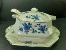 Lovely Antique Floral Ceramic Lidded Royal Venton Gravy Boat With Scoop 