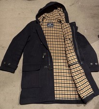 Aquascutum Men’s Navy Duffle Coat Size 42” Club-Check Lining Excellent Condition