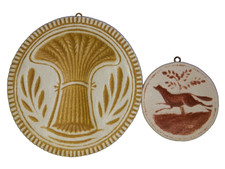 2 Vtg Sandcast Butter Mold Press Wall Plaque Old Buttermould RUNNING FOX + WHEAT