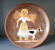 Unusual Greek pottery wall plate, stylised rural picture plate, enamel glaze