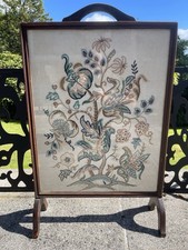 Antique Fire Screen Flower Tapestry Needlework Glass Panel Floral Framed Picture