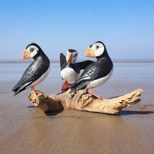 Three Puffins Wooden Bird Carving