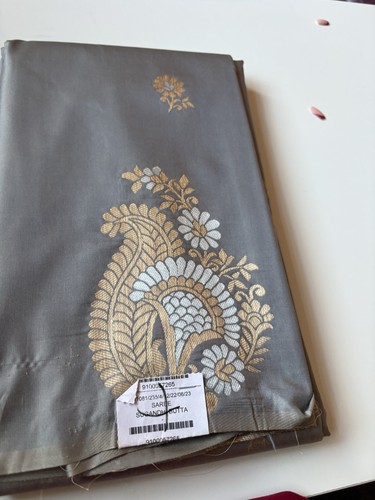 Grey silk saree fabric - fabric, gold