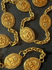 CHANEL BELT AUTH Coco chain CC Gold Medal Coin Vintage Medal Crown Necklace F/S
