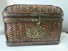 Vintage Hinged Wood Wicker Rattan Copper Woven Basket Storage Chest Trunk 10X7X6