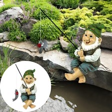 Garden Gnome Fishing & Rod + Fish Fishing Sitting Gnome Pond Garden Decor