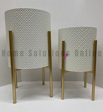 Pottery Barn Bella Patterned Raised Planters w/ Gold Stand S/2 White #2001U READ