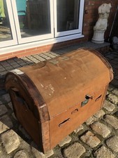 Large Antique Wicker & Canvas Dome Top Trunk Storage B D initials Labels Prop