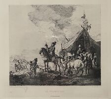 Antique 1875 Military Camp Scene LE TRAMPETTE by Wouwerman Etching by P. Le Rat