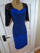 Frank Lyman Blue & Black Floral Lace Sleeved Dress, UK 14, Great Condition