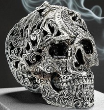 Silver Skull Celtic Dragon Sculpture Carved Ornament Gothic Pagan Wiccan Fantasy