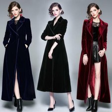 Womens Ladies Luxury Long Velvet Coat Notch Collar Trench Coat Overcoat Formal