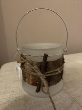 Large Hanging Frosted Glass & Rustic Bark Effect Candle Holder / Jar NEW
