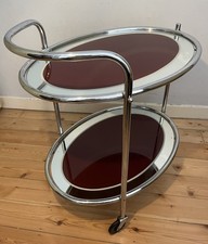 Vintage 1950/60s Art Deco Chrome & Burgundy Glass Drinks Trolley Mid-Century 