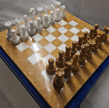 Chess Set 15" Cinder White & Fossil Beige Marble/Onyx Handmade New Stock Set T