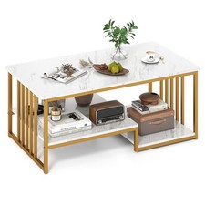 COSTWAY Faux Marble Coffee Table Rectangular 2-Tier Center Table w/ Shelf-White