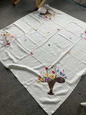 LARGE VINTAGE EMBROIDERED Thick Linen  TABLECLOTH Flowers Butterflies Colourful