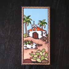 Signed Lanzarote Souvenir Ceramic Tile Wall Hanging Artisan Church Cactus 400g