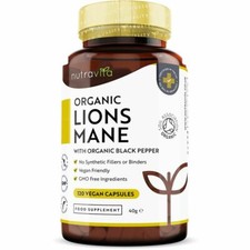 Organic Lions Mane Mushroom Capsules with Black Pepper - 120 Vegan Capsules
