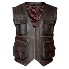 Mens Jurassic Jungle Hunter Vest Genuine Brown Real Leather Waistcoat