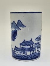 Blue and White Porcelain Chinoiserie Brush Pots Tulip Village Motif Vase