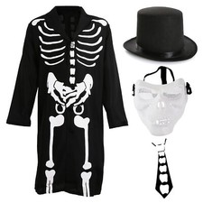 MENS JAMES BONES COSTUME HALLOWEEN SKELETON COAT TIE HAT SKULL MASK FANCY DRESS