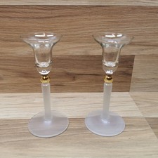 Pair of Vintage Frosted Stem & Base Glass Candle Holders – 15.5cm Tall