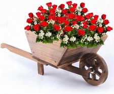 WOODEN WHEEL BARROW PLANTER MODERN GARDEN BURNT WOOD FLOWER CART ORNAMENTAL POT