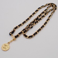 CHANEL CC Logo Medallion Charm Chain Belt Leather Black GHW Accessory 19RF759