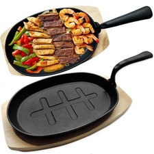 Cast Iron Skillet Pan Sizzling Plate With Wooden Base BBQ Skillet Steak Oven Pan