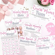 MOON AND STARS, Baby Shower Games, Pink, Grey, Girl, Mummy, Quiz, Bingo, Cloud