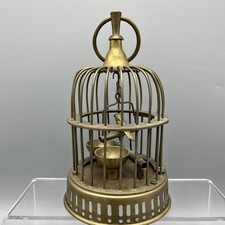 Vintage Brass Bird In Cage Two Dishes Opening Door 9.5 Inches Hanging Loop India