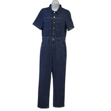 F&F Jumpsuit Blue Denim Buttoned Straight Long Sleeve Women's Uk S 8 W28 L27