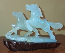 Antique Chinese Hand Carved Pale Green Genuine Jade Galloping Horses & Stand VGC
