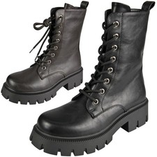 Biker Boots Ladies Shoes Mid Calf Punk Goth Lace Up  Military Zip Casual Womens
