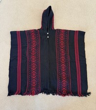 SUPER COOL Unisex Tribal Print Poncho, Ombré Red & Black, Hooded,  42” W x 35” L