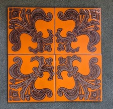 Set Of Four Vintage Pilkingtons Tiles fleur De Lis On Orange Glaze