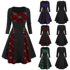 Women Plaid Check Gothic Skater Dress Ladies Steampunk Long Sleeve Swing Dresses