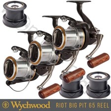 3 x Wychwood Riot 65 Big Pit Reel Carp Fishing + Spare Graphite Spools