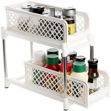 2 TIER KITCHEN CUPBOARD BASKETS, SLIDING PLASTIC BASKET DRAWERS ORGANISER