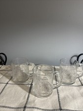 Set of 3 Arcoroc France Clear Glass Mugs Christmas Cottage Holiday Trees Snow 4”