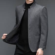 Men Tweed Single-Breasted Mandarin Collar Suit Blazer Jacket Coat Business Smart