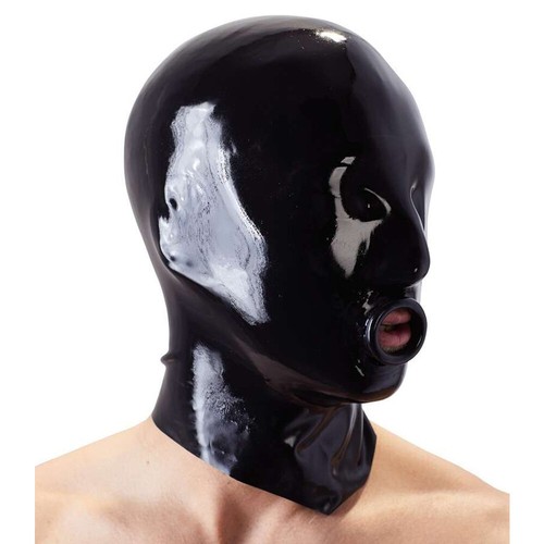 Black latex rubber hood mask - black,