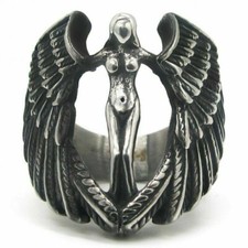 Mens Feather MC Biker Angel Wing Ring Stainless Steel Silver Size 7-15 Women