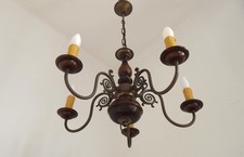 French Vintage 5 Light Mid Century Chandelier In Wood Bronze and Metal 5525