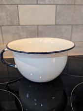 Vintage Enamel Chamber Pot 7" Traditional White/Blue with Handle