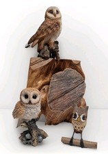 Collection of Small Vintage Owl Figurines Ceramic Porcelain & Wood 7cm, 5cm, 4cm